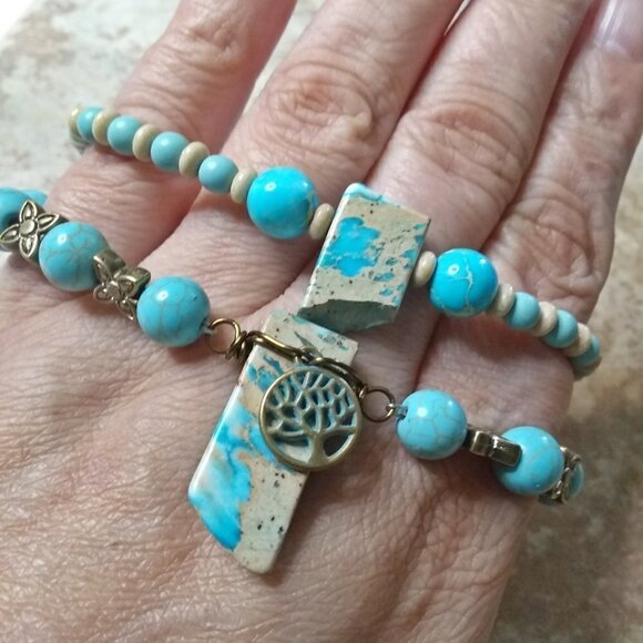 Beachy! Aqua + Sand Beaded Sea Sediment Jasper Boho SouthWestern Bracelet 6.5-7" - Picture 5 of 5